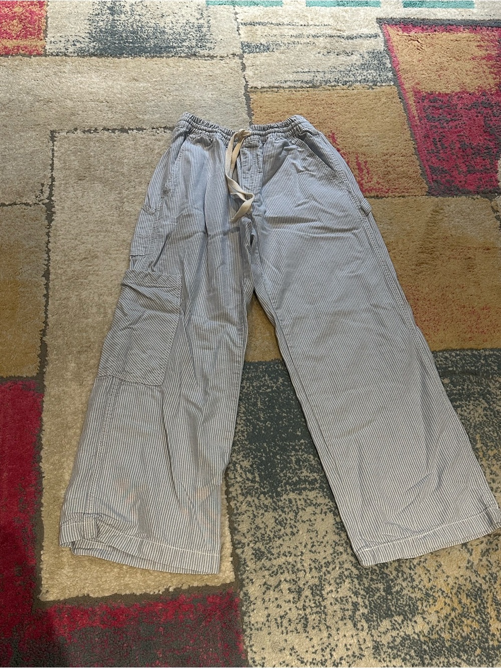 Aerie XS wide leg pants blue white pinstriped drawstring elastic waist cargo poc
